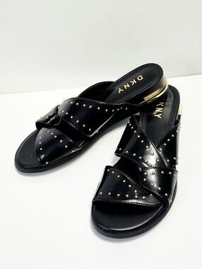 DKNY Black Slide Sandals with Gold Stud Accents size 7.5 M